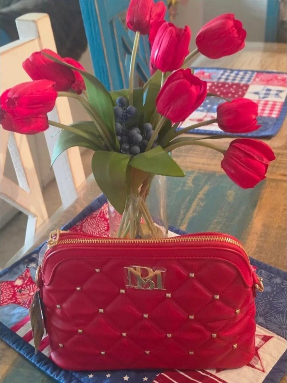 Badgley Mischka Red Quilted Studded Camera Crossbody Bag BM-4112